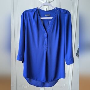 Express Blue 3/4 Sleeve Relaxed Mandarin Collar Blouse